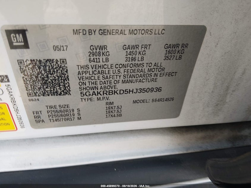BUICK ENCLAVE 2017 VIN 5GAKRBKD5HJ350936
