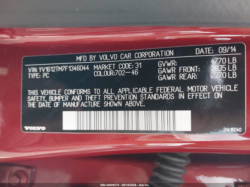VOLVO S60 2015 VIN YV1612TM7F1346044