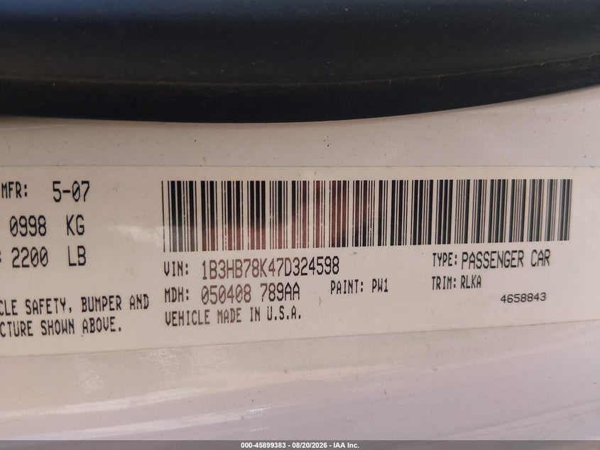 DODGE CALIBER 2007 VIN 1B3HB78K47D324598