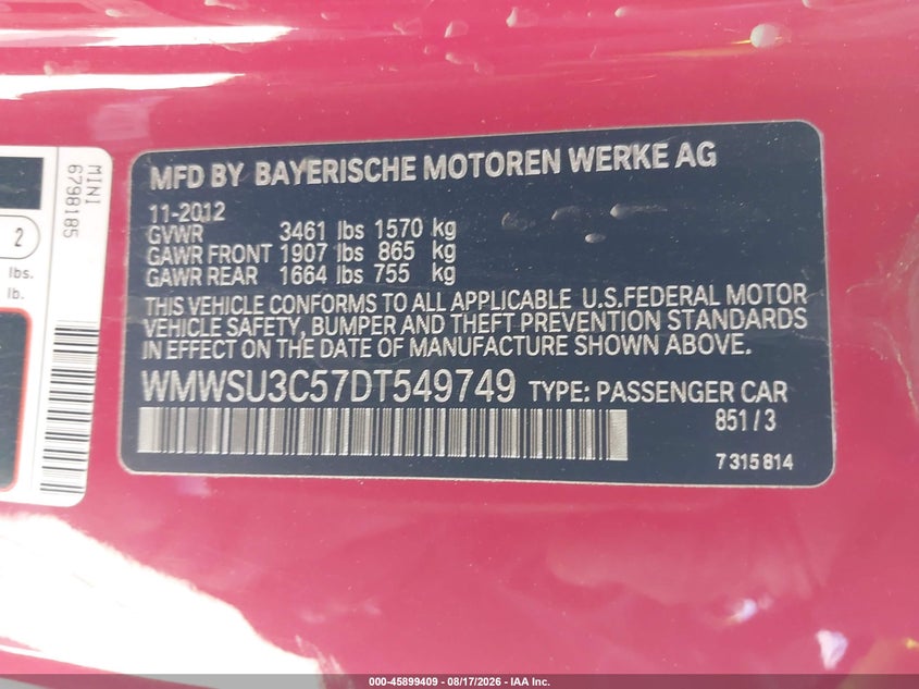 MINI HARDTOP 2013 VIN WMWSU3C57DT549749