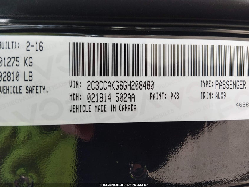 CHRYSLER 300C 2016 VIN 2C3CCAKG6GH208480