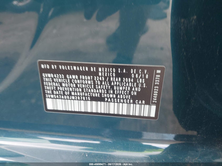 VOLKSWAGEN GOLF GTI 2018 VIN 3VW547AU8JM287815