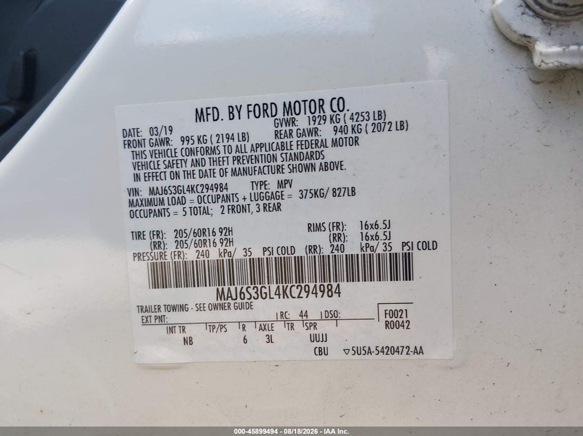 FORD ECOSPORT 2019 VIN MAJ6S3GL4KC294984
