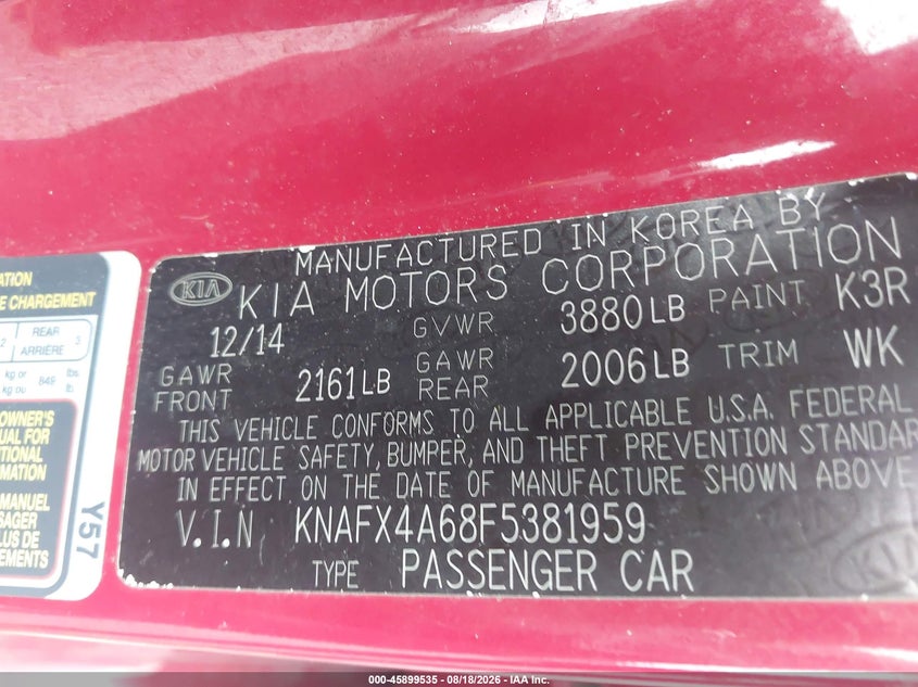 KIA FORTE 2015 VIN KNAFX4A68F5381959