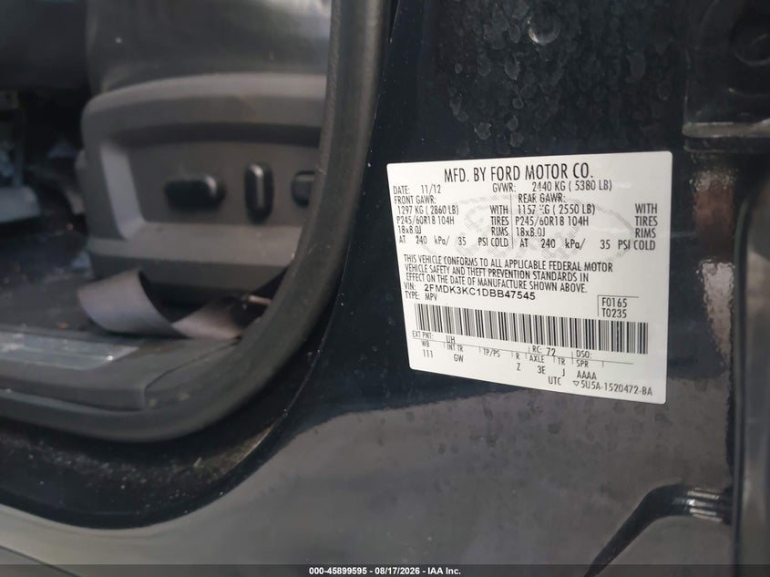 FORD EDGE 2013 VIN 2FMDK3KC1DBB47545