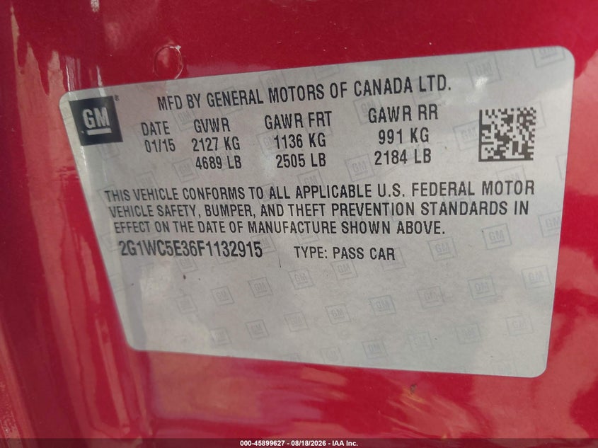 CHEVROLET IMPALA LIMITED 2015 VIN 2G1WC5E36F1132915