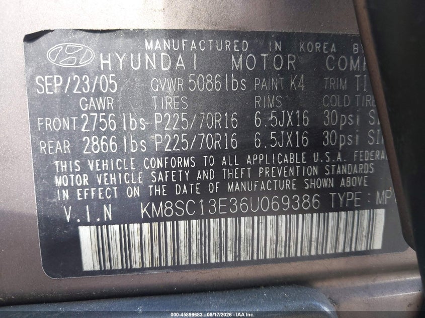 HYUNDAI SANTA FE 2006 VIN KM8SC13E36U069386