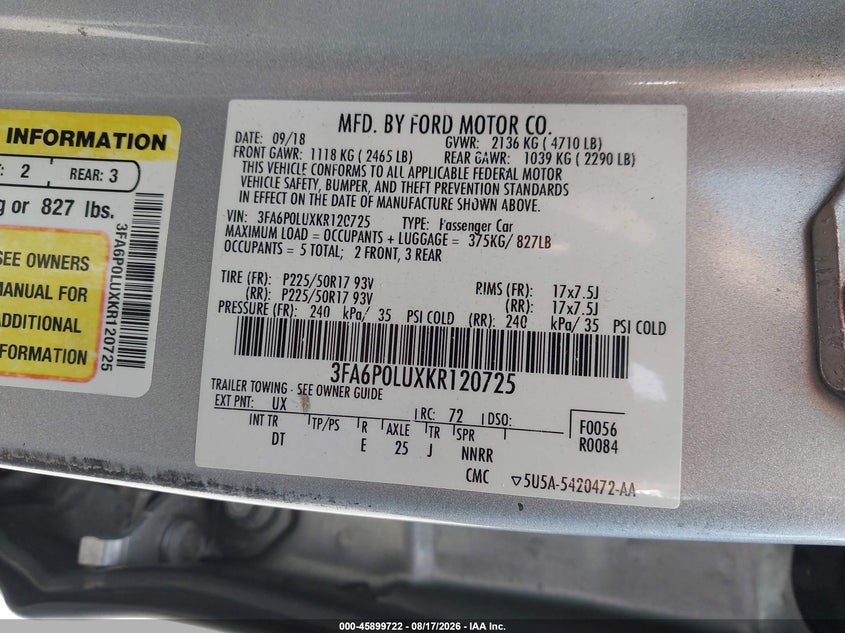 2019 FORD FUSION SEDAN 2.0L I-4 DOHC, VVT, 141HP