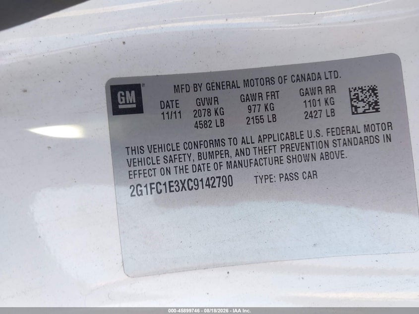 CHEVROLET CAMARO 2012 VIN 2G1FC1E3XC9142790