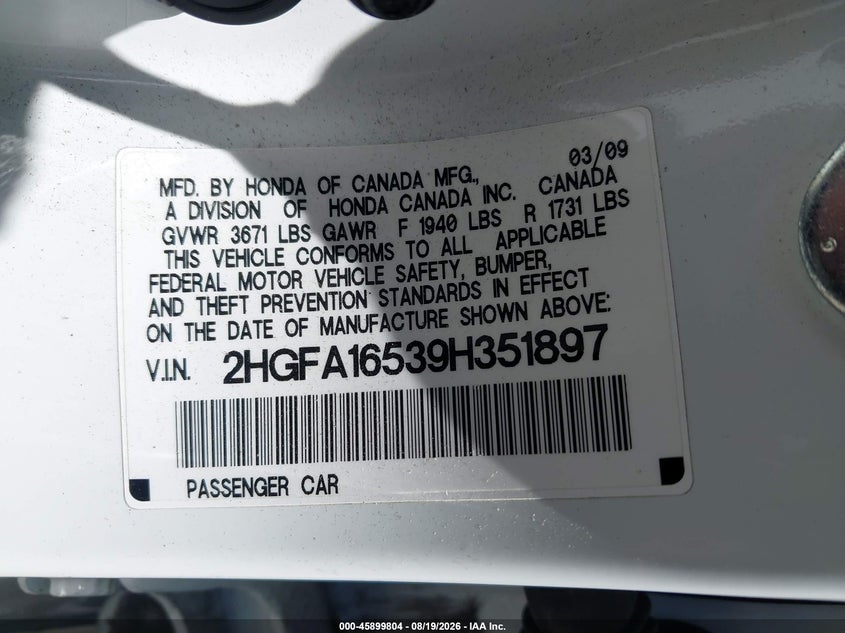 2009 HONDA CIVIC SEDAN 1.8L I-4 VVT, 140HP