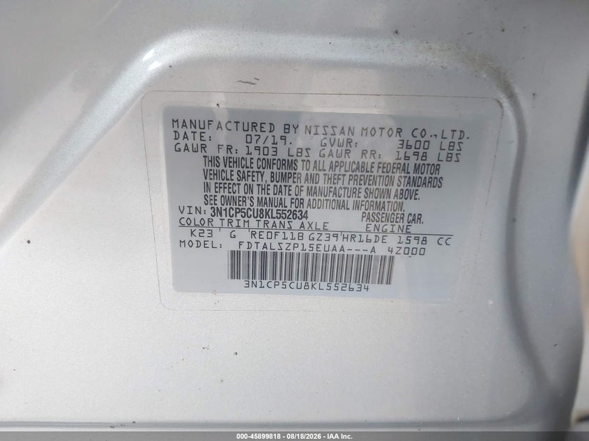 NISSAN KICKS 2019 VIN 3N1CP5CU8KL552634