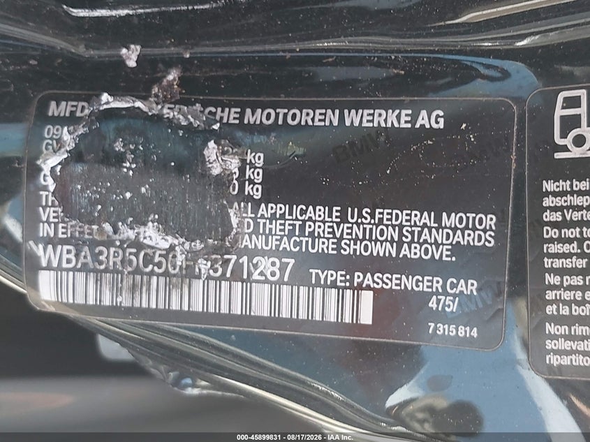 BMW 435I 2015 VIN WBA3R5C50FK371287