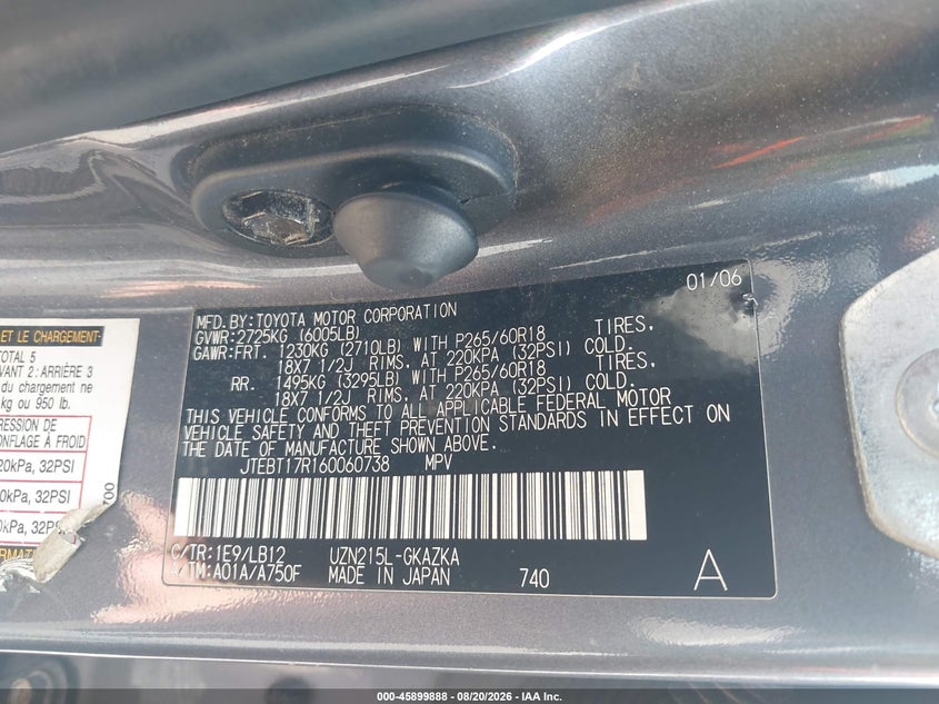 TOYOTA 4RUNNER 2006 VIN JTEBT17R160060738