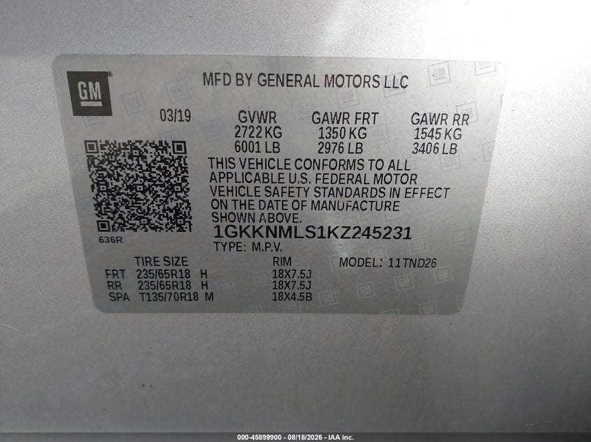GMC ACADIA 2019 VIN 1GKKNMLS1KZ245231