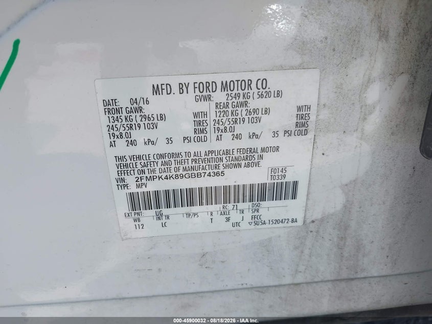 FORD EDGE 2016 VIN 2FMPK4K89GBB74365