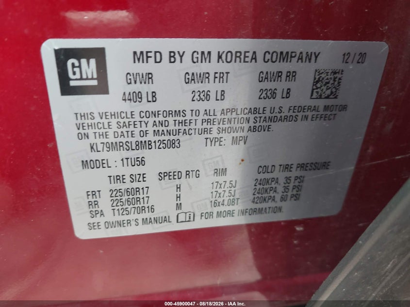 CHEVROLET TRAILBLAZER 2021 VIN KL79MRSL8MB125083