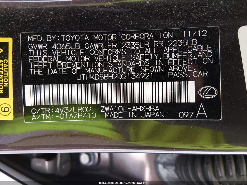 LEXUS CT 200H 2013 VIN JTHKD5BH2D2134921