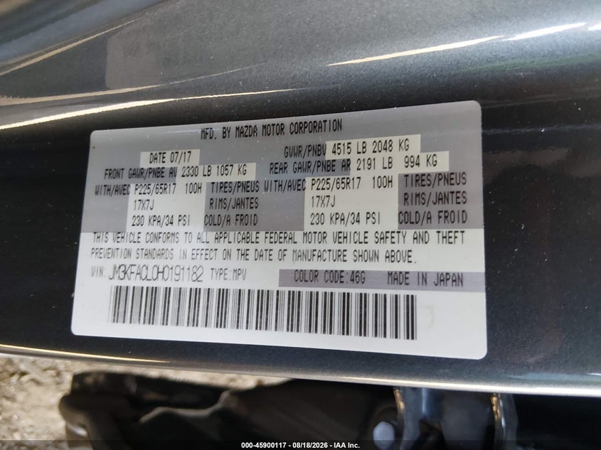 MAZDA CX-5 2017 VIN JM3KFACL0H0191182