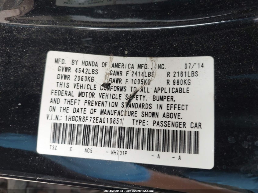 HONDA ACCORD HYBRID 2014 VIN 1HGCR6F72EA010851