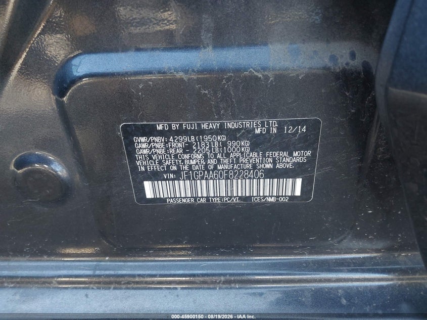 SUBARU IMPREZA 2015 VIN JF1GPAA60F8228406