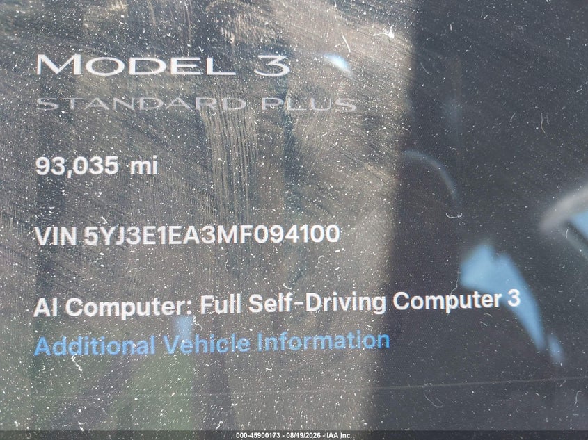 TESLA MODEL 3 2021 VIN 5YJ3E1EA3MF094100