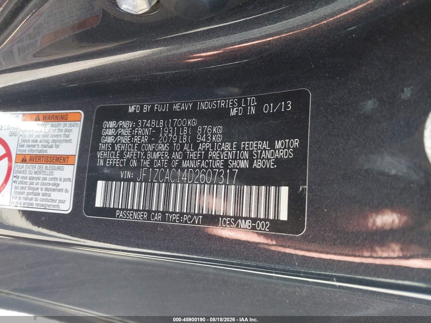 SUBARU BRZ 2013 VIN JF1ZCAC14D2607317