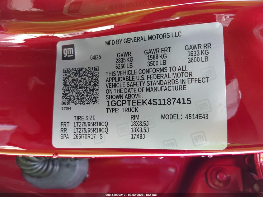 CHEVROLET COLORADO 2025 VIN 1GCPTEEK4S1187415