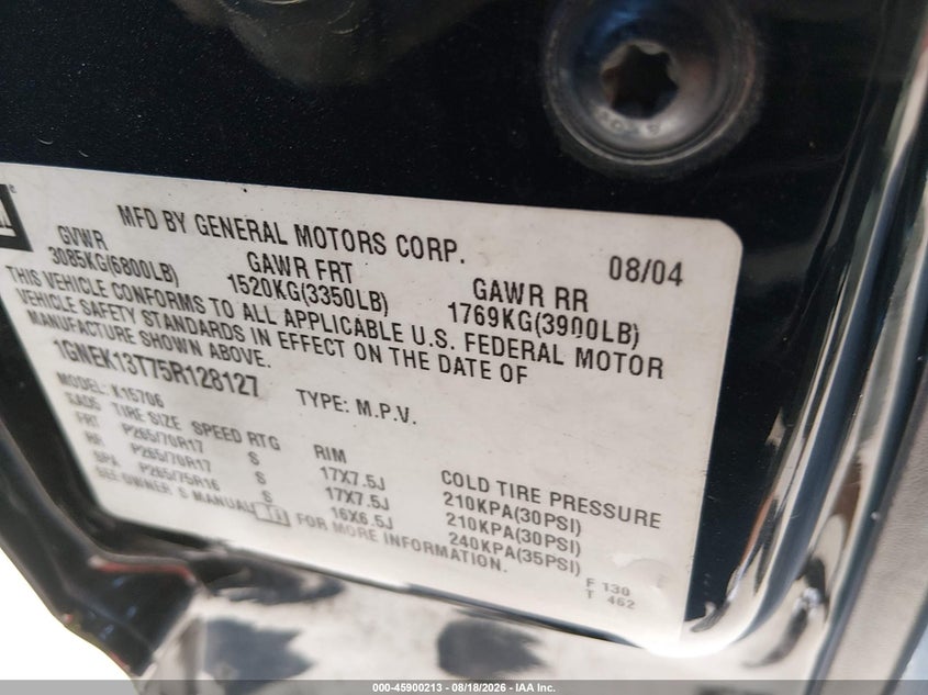 CHEVROLET TAHOE 2005 VIN 1GNEK13T75R128127
