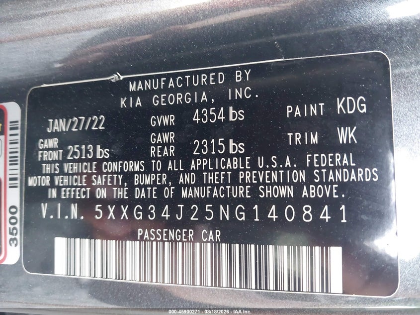 KIA K5 2022 VIN 5XXG34J25NG140841