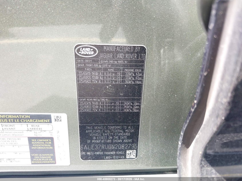LAND-ROVER DEFENDER 2022 VIN SALE37RU0N2082795