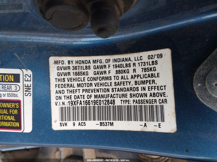 2009 HONDA CIVIC SEDAN 1.8L I-4 VVT, 140HP
