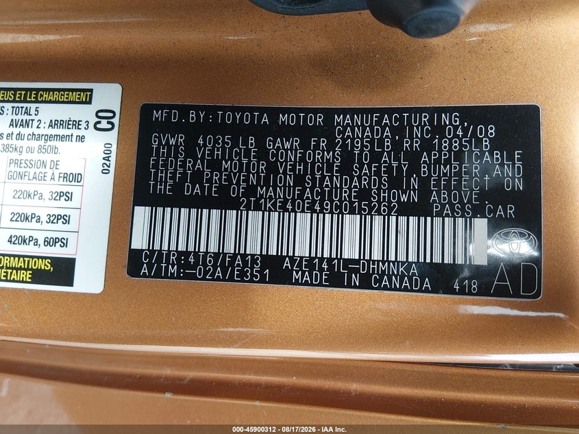 TOYOTA MATRIX 2009 VIN 2T1KE40E49C015262