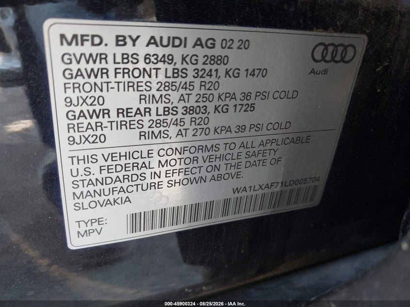 AUDI Q7 2020 VIN WA1LXAF71LD005704