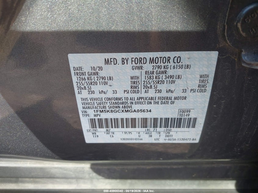 FORD EXPLORER 2021 VIN 1FM5K8GCXMGA05634