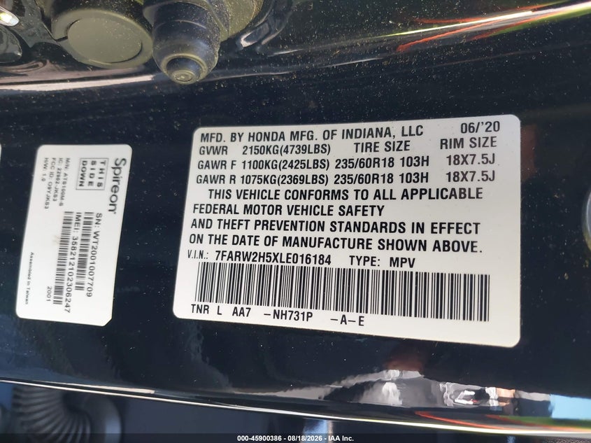 HONDA CR-V 2020 VIN 7FARW2H5XLE016184
