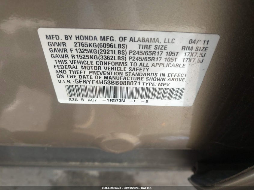 2011 HONDA PILOT SPORT UTILITY VEHICLE 3.5L V-6 VVT, 250HP