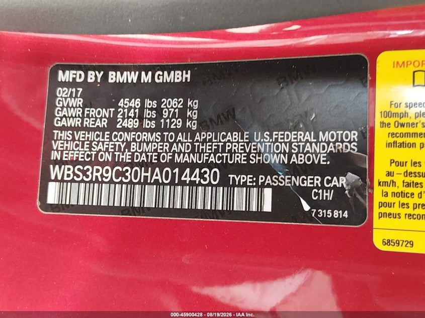 BMW M4 2017 VIN WBS3R9C30HA014430