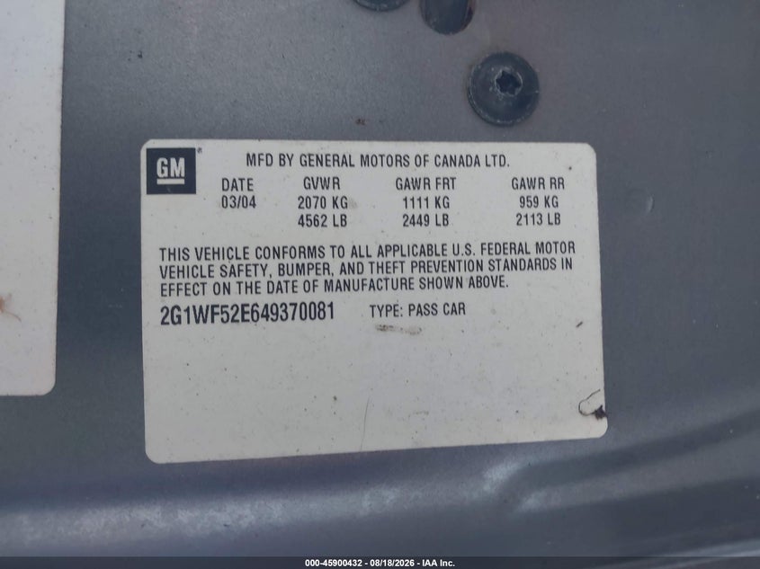 2004 CHEVROLET IMPALA SEDAN 3.4L V-6 180HP