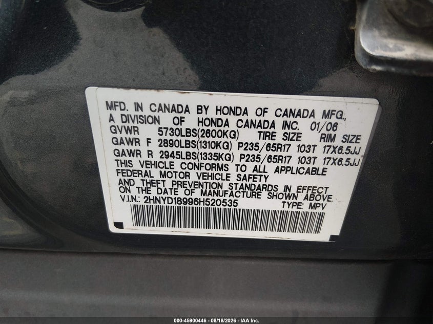 ACURA MDX 2006 VIN 2HNYD18996H520535