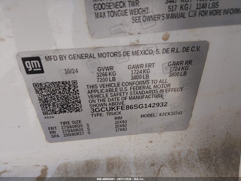 CHEVROLET SILVERADO 1500 2025 VIN 3GCUKFE86SG142932