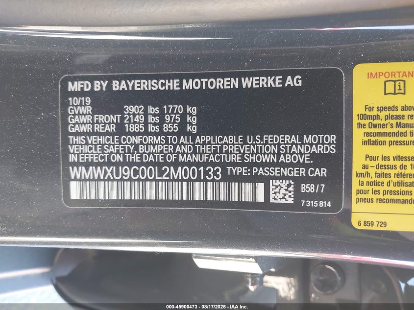 MINI HARDTOP 2020 VIN WMWXU9C00L2M00133