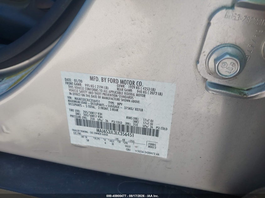 FORD ECOSPORT 2020 VIN MAJ6S3JL3LC356451