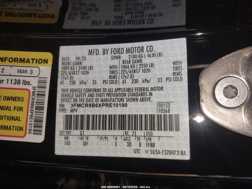 FORD BRONCO SPORT 2023 VIN 3FMCR9B6XPRE10190