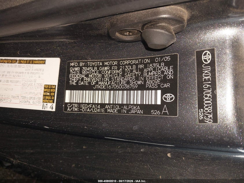 SCION TC 2005 VIN JTKDE167050038759