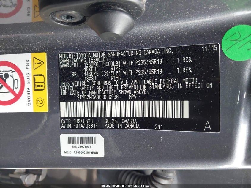 LEXUS RX 350 2016 VIN 2T2BZMCA0GC006936