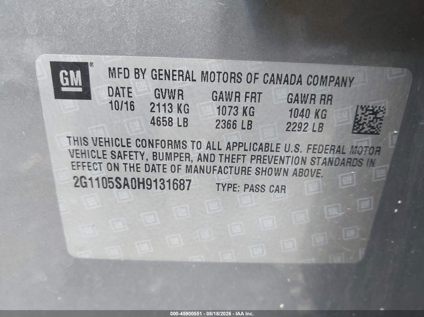 2017 CHEVROLET IMPALA SEDAN 2.5L I-4 DI, DOHC, VVT, 197HP