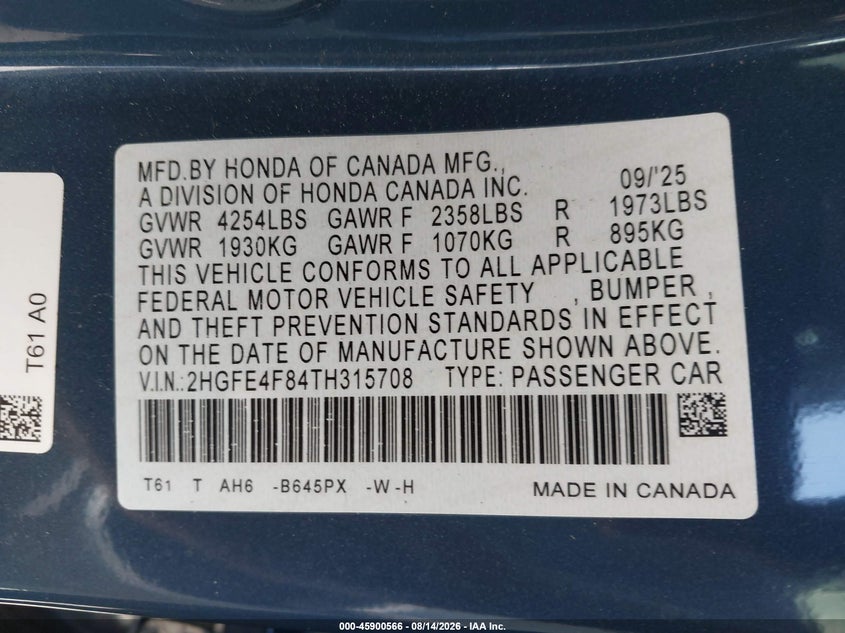 2026 HONDA CIVIC SEDAN 2.0L I-4 DI, DOHC, VVT, 141HP