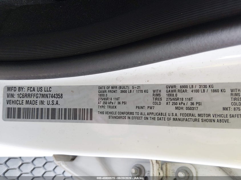RAM 1500 2021 VIN 1C6RRFFG7MN744358