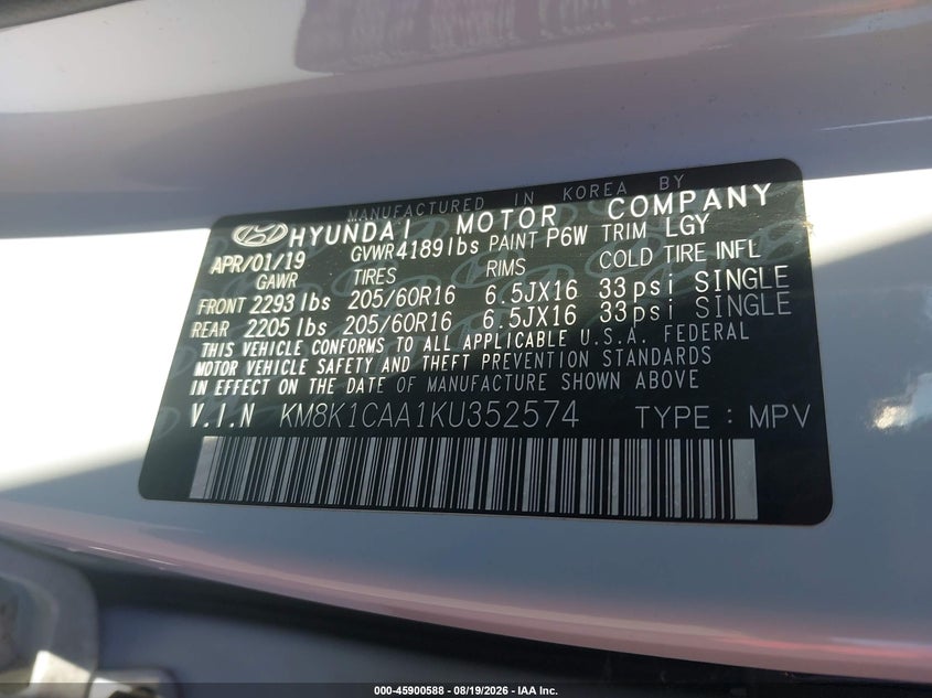 HYUNDAI KONA 2019 VIN KM8K1CAA1KU352574