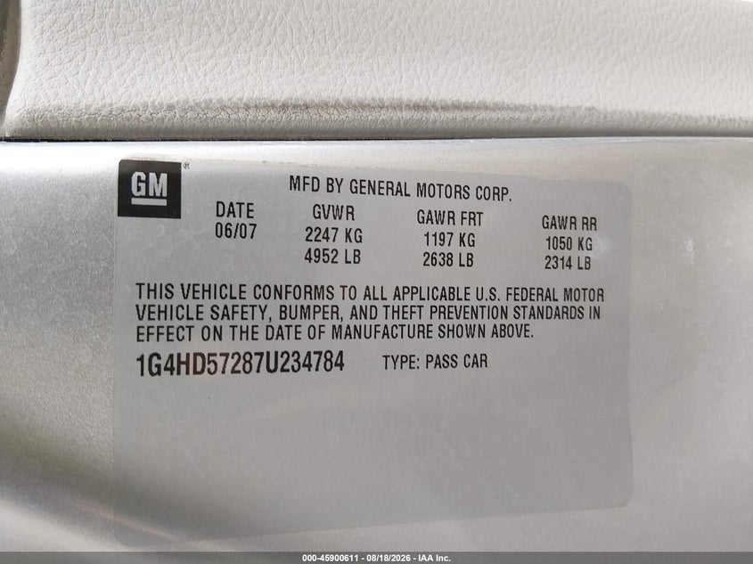 BUICK LUCERNE 2007 VIN 1G4HD57287U234784